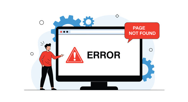 Frustrated young male user pointing at a 404 error page not found warning screen on his desktop computer monitor.