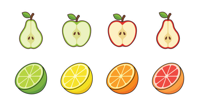 assorted fresh sliced fruits apples pears citrus lemon orange grapefruit healthy diet collection bundle vector illustration isolated