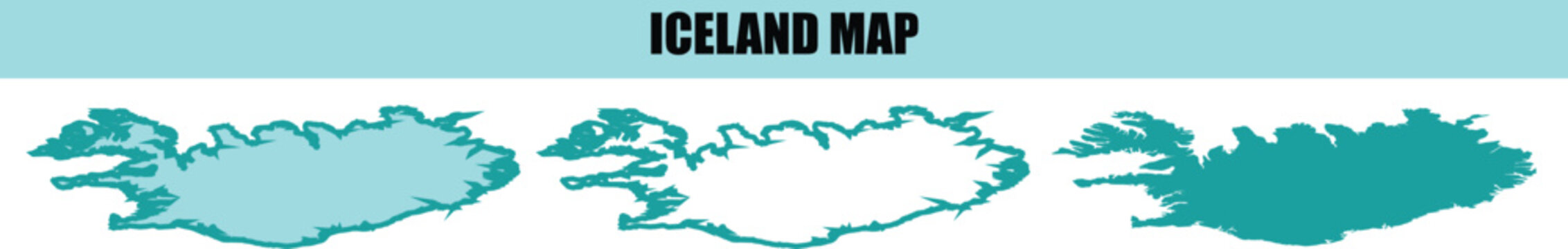 Iceland map graphic featuring three distinct vector illustrations isolated on transparent base.