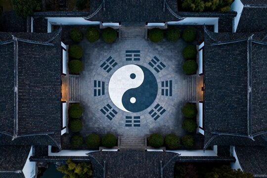 Aerial View of Traditional Chinese Courtyard with Yin-Yang Symbol
