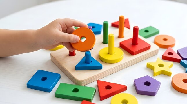 Toddler playing with educational wooden shape sorter toy box at home. Child's hand playing with colorful wooden shape sorter toy on white surface