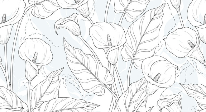 Elegant black and white line art of calla lily flowers and large leaves with subtle blue watercolor accents in a pattern.