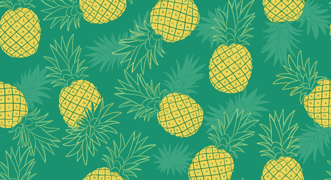 Seamless pattern of hand drawn yellow pineapples and dark green leaf silhouettes on a dark green background for summer.