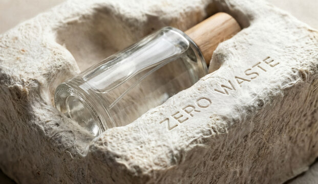 Glass bottle with wooden cap placed in molded pulp packaging, text zero waste embossed on material, eco friendly product presentation.
