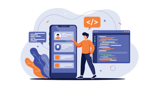 Young developer designing high-quality mobile app interface while writing clean software code on desktop monitor.