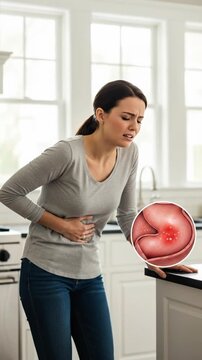 Experiencing stomach pain, a common symptom of gastritis, peptic ulcer disease, or acid reflux, person clutches their abdomen in discomfort, visualizing internal digestive system issues