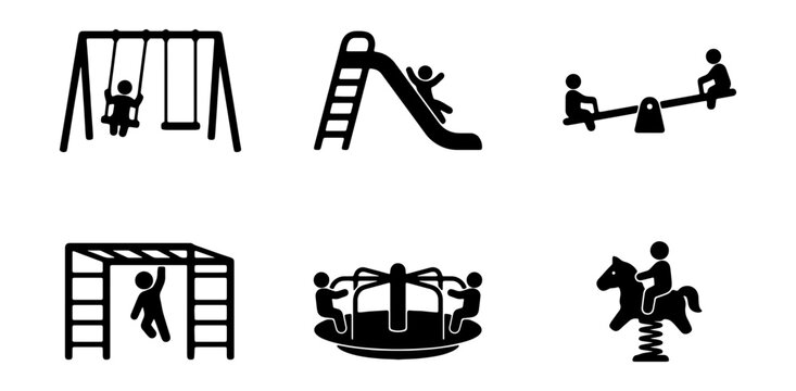 Playground equipment vector icons. Children playing on swings, slide, seesaw, monkey bars, merry-go-round, and spring rider. Kids outdoor activity symbols for web and app design.