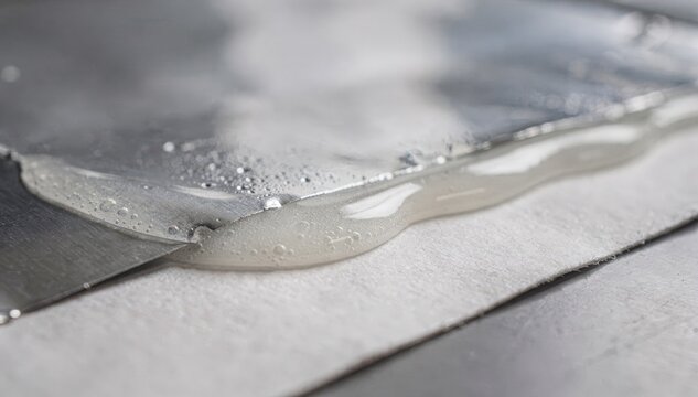 Closeup medium shot of hightack waterbased adhesive lamination being spread evenly ensuring strong solventfree bonding between foil and paper surfaces.