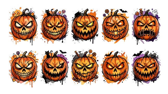 Collection of cartoon halloween pumpkins with various facial expressions and decorative elements
