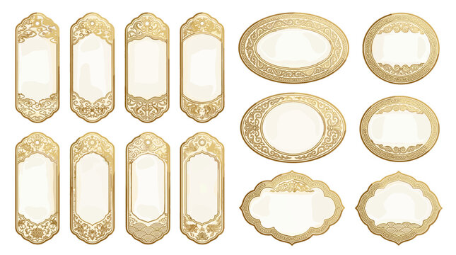 Set of ornate vintage gold labels and tags with intricate borders and decorative frames