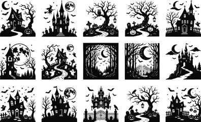 Fototapeta premium A collection of fifteen black and white silhouette illustrations featuring spooky haunted houses creepy trees full moons and bats for halloween designs
