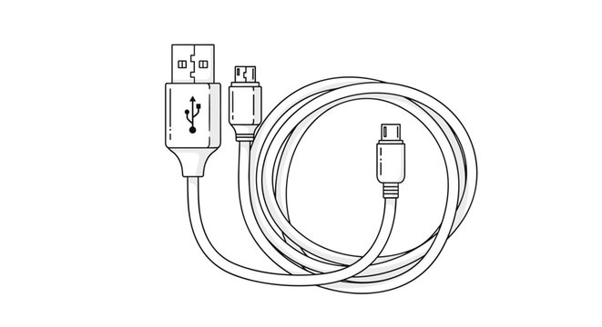 Dual USB charging and data sync cable with multiple connectors in clean black and white line art vector style.