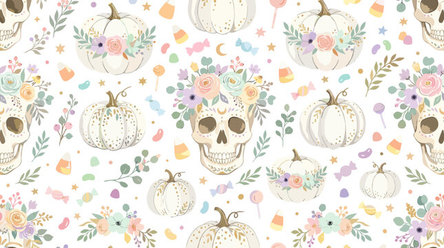 Halloween themed pattern with skulls pumpkins flowers and leaves
