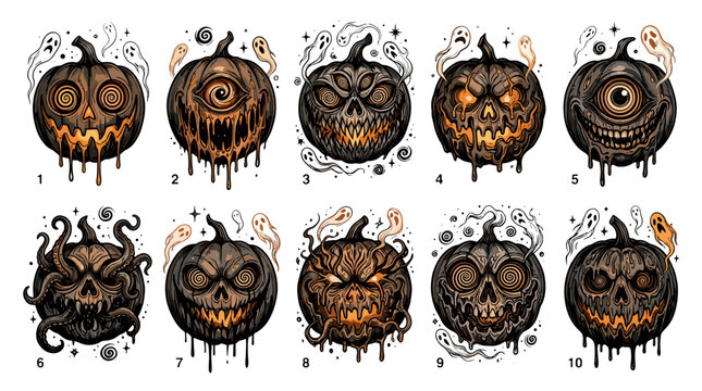 Collection of spooky halloween pumpkins with carved faces and eerie expressions
