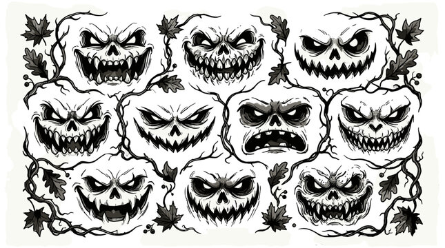Collection of spooky sinister cartoon style evil pumpkin faces with angry expressions