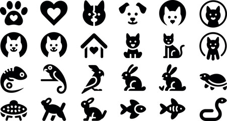 Fototapeta premium Set of black silhouette icons representing various domestic pets including dogs, cats, birds, rabbits, reptiles, and fish