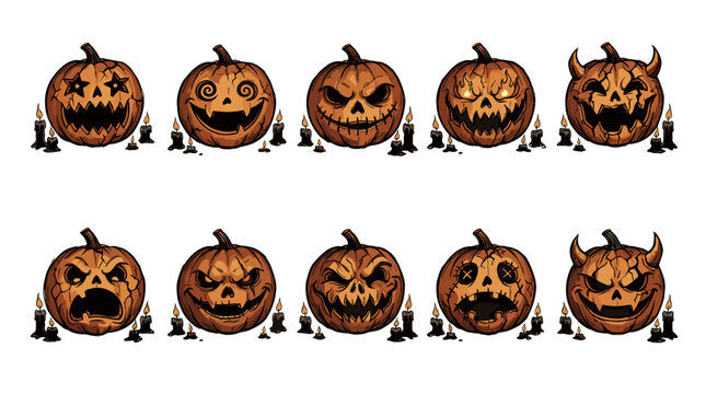 Collection of twelve spooky halloween pumpkins with carved faces and menacing expressions
