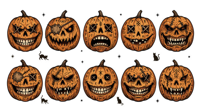 Collection of ten carved halloween pumpkins with various spooky and funny faces