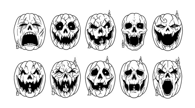 Collection of ten spooky halloween pumpkin skull faces with various scary expressions