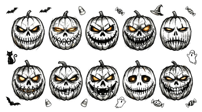 Set of ten spooky halloween pumpkin faces with different expressions and carved details
