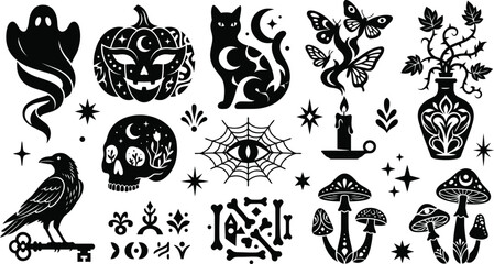 Naklejka premium Set of mystical occult hand drawn elements featuring black cat pumpkin skull raven mushrooms and celestial symbols for halloween tattoo design projects