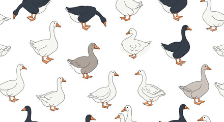 Fototapeta premium Seamless pattern of various farm geese in white grey and dark colors for country life agriculture or bird themed fabric textile design.