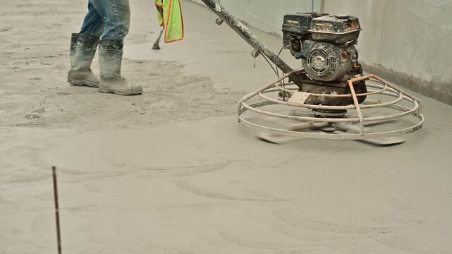 Concrete finishing process with a power float machine on a new slab at a construction site