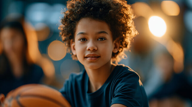 A wide shot of an elementary student leading softly a calm basketball during a bright physical activity class in a school gym while the coach is behind basketball lead open face