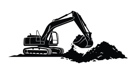 Excavator Digging Into Pile Of Earth Black Silhouette digger earthmover © vect roy