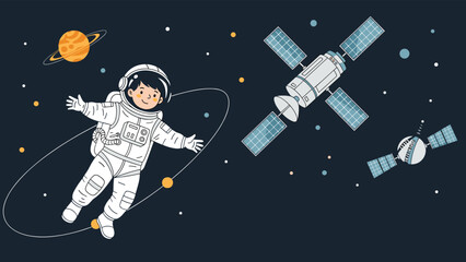 Naklejka premium Cartoon astronaut floating in outer space near orbiting satellites and Saturn-like planet with stars.