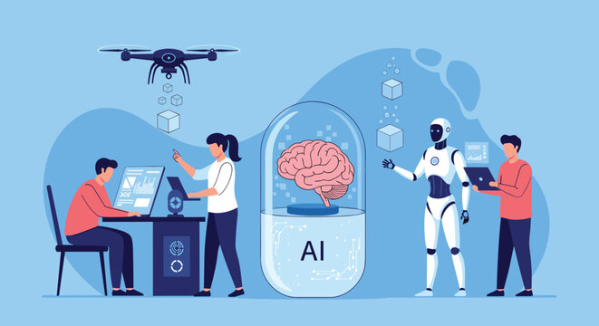Researchers and an advanced white robot analyze a human brain inside a giant medical capsule representing artificial intelligence.