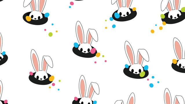 Seamless pattern with white rabbits peeking out from magician hats with colorful magic particles.