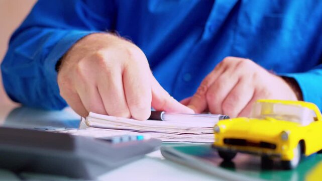 Car insurance agent using calculator and filling policy document at desk. Focus on hands, yellow toy car on table. Close up, shallow depth of field, natural daylight. Auto coverage calculation.