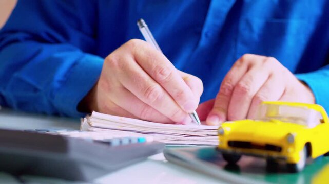 Сlose up of insurance broker processing car accident claim form at desk. Focus on hands, yellow toy car on table. Shallow depth of field, natural daylight. Auto damage assessment.