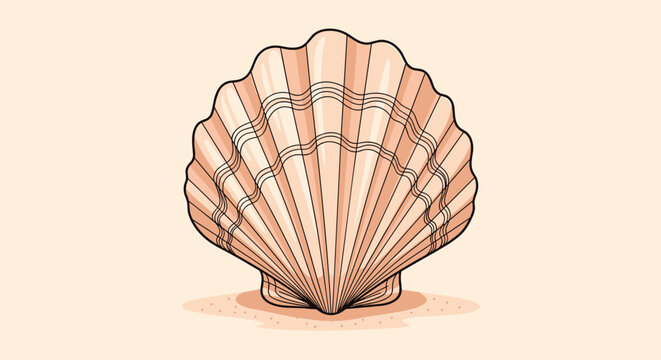 Large detailed seashell resting on a small patch of sand depicted in a soft color palette for coastal themes and beach decorations.