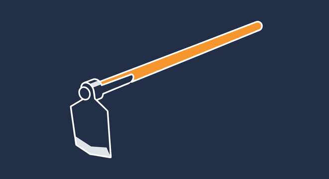 Gardening hoe tool with a metal blade and a long wooden handle presented on a dark blue background for agriculture and farm themes.