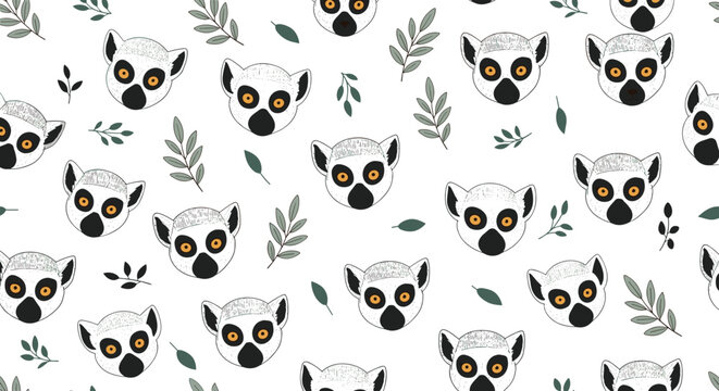 Seamless vector pattern featuring cute lemur faces and green tropical leaves scattered across a white background for textile designs.