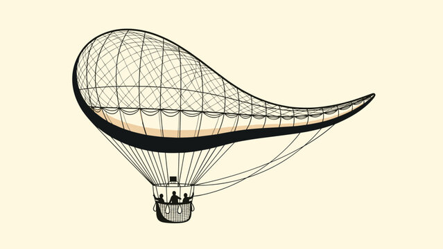 Retro style illustration of a large passenger airship or dirigible flying through the air with several people on board.