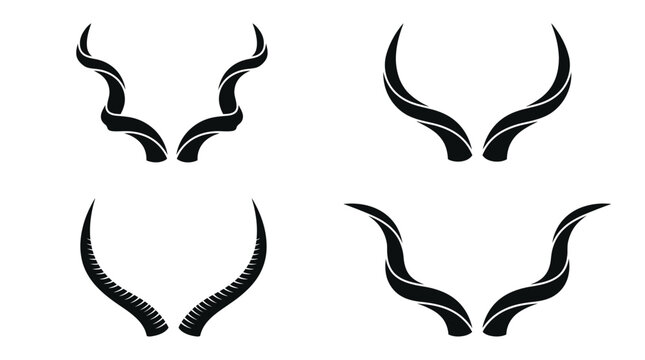 Set of black animal horns featuring various curved shapes for artistic logo and emblem design