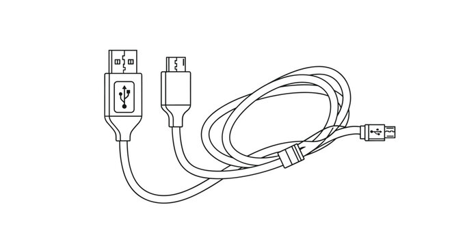 Detailed line art illustration of a multi-port USB charger cable, perfect for electronic devices coloring books.