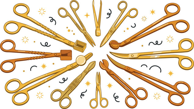Vintage golden candle trimmers vector illustration set with ornate scissors, wick clippers, snuffers, and decorative tools on white background