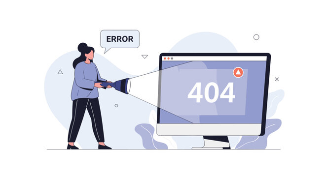 Confused female web administrator uses a flashlight to search for errors on a computer screen displaying 404.