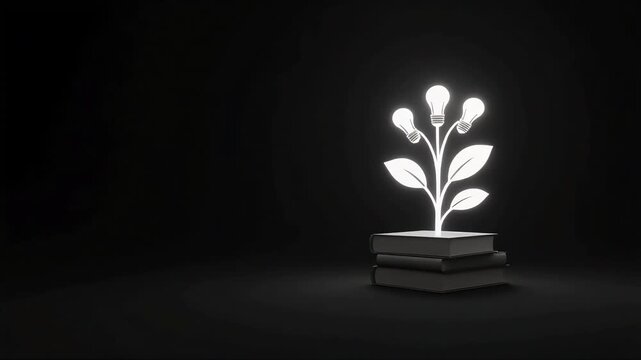 Glowing light bulb plant growing from stacked books in this creative conceptual motion animation video for innovative digital learning ideas