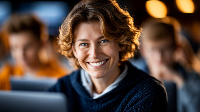 A wide shot of a teacher and her students using softly calm laptops during a bright computer class in high school classroom laptops open faces bright classroom soft