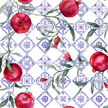 Seamless pattern of Portuguese azulejo tiles and Pomegranate branche. Blue Mediterranean, Spanish ceramic traditions. Hand drawn watercolor illustration with tropical fruit branch with green leaves