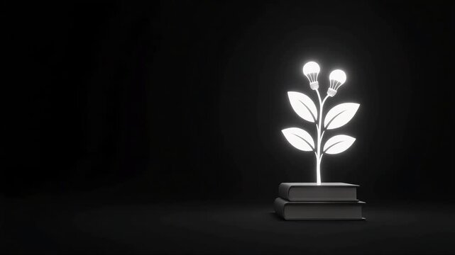 Glowing plant with lightbulb leaves grows from stack of books in this conceptual 3D animation video motion clip style