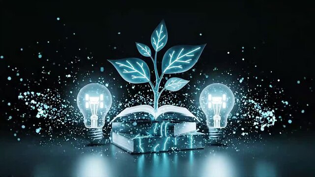 Glowing digital plant grows from open book between two lightbulbs in this cinematic motion animation for creative education concepts