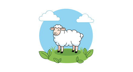 Obraz premium Sweet white sheep standing in a green meadow with small flowers under a blue sky with fluffy white clouds in a circular illustration.