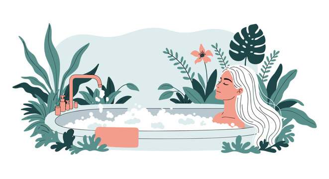 Relaxing scene of a woman with long white hair taking a bubble bath in a large tub surrounded by lush green tropical indoor plants.