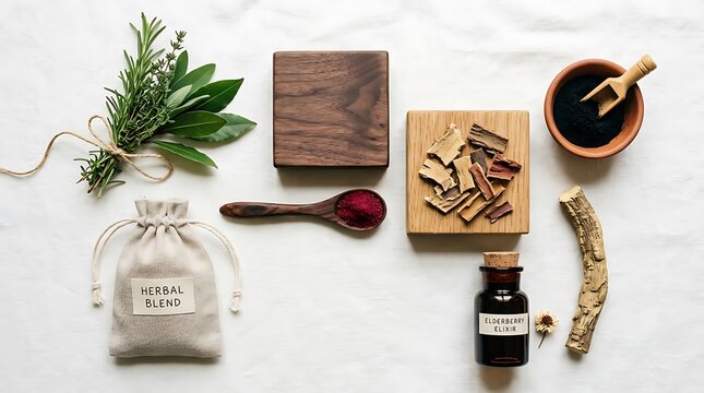 Flat lay arrangement of natural healing ingredients and medicinal remedies for holistic wellness